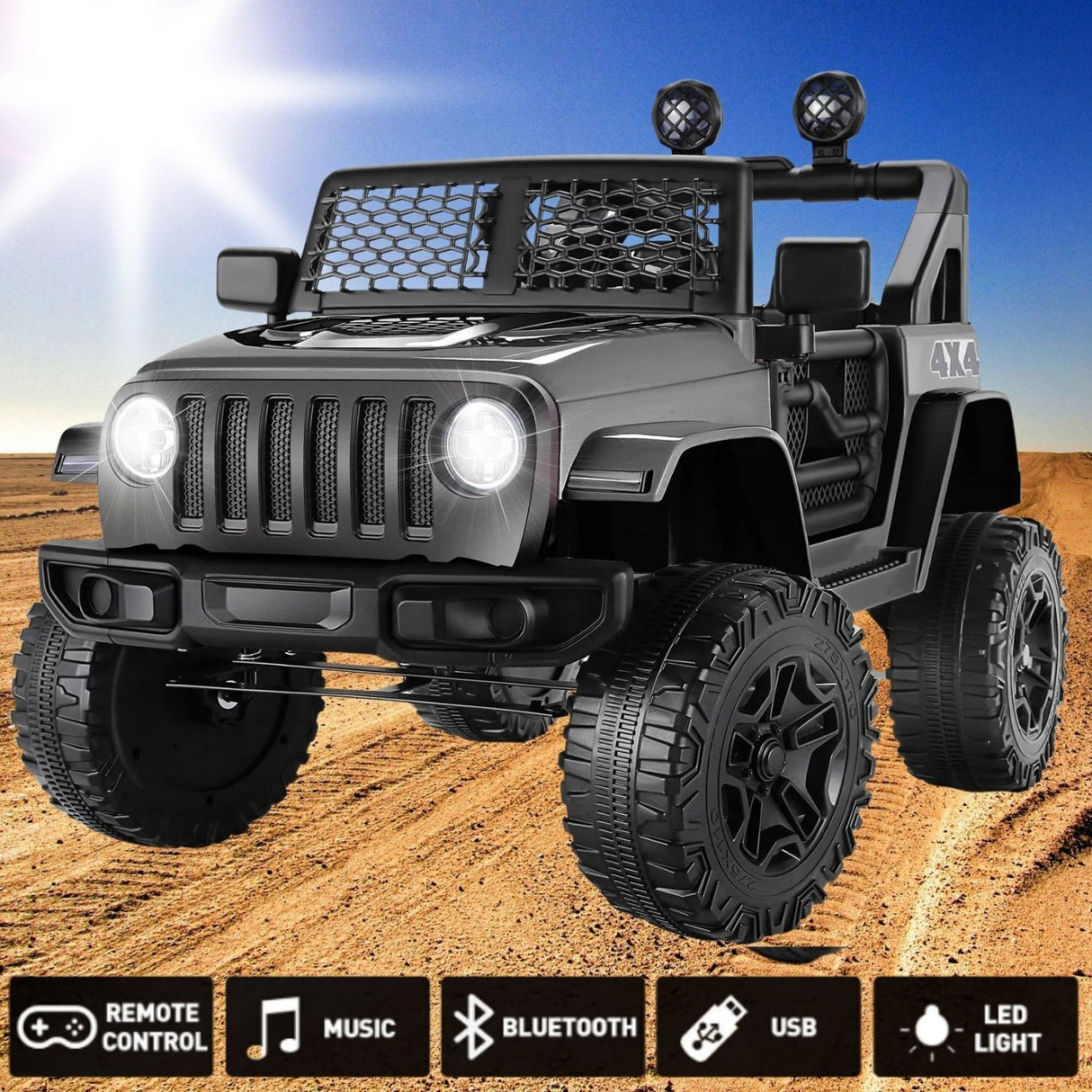 12V Kids Electric Ride-On Jeep Car with Remote Control, Bluetooth, LED Lights, and MP3 Player