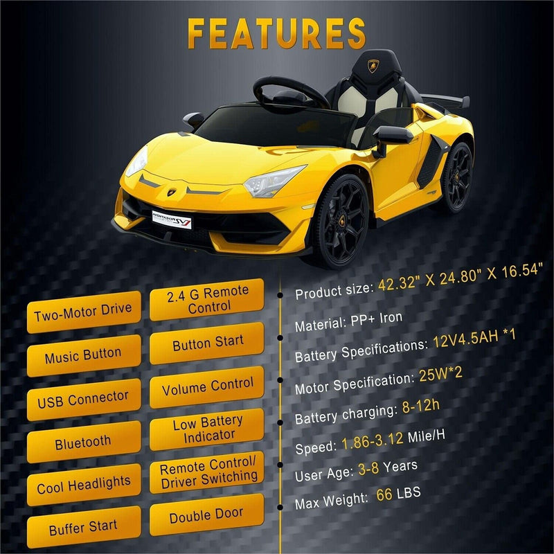 12V Electric Sports Car for Kids - Yellow Ride-On with Remote Control