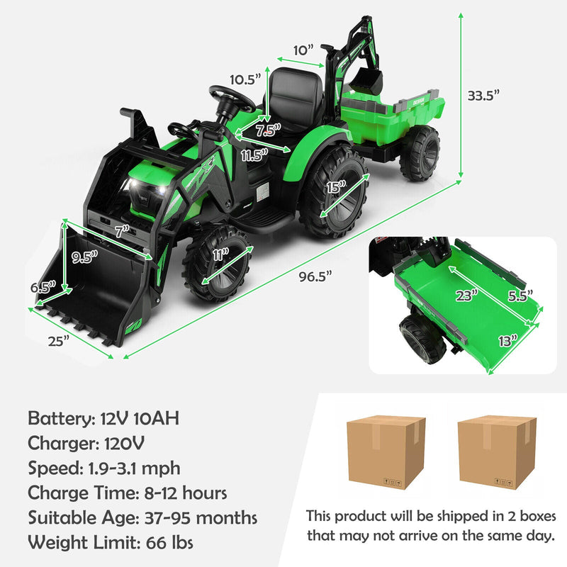 12V Electric Ride-On Excavator Bulldozer with Trailer for Kids - Remote Control Included
