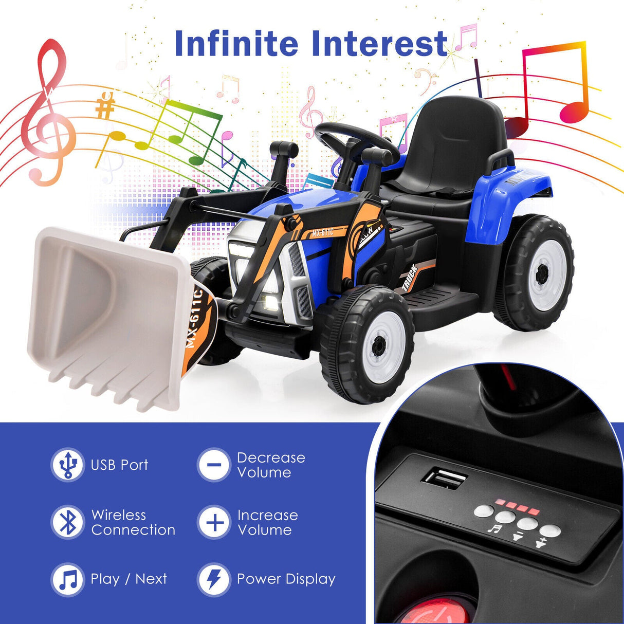 12V Electric Ride-On Excavator Digger Tractor with RC Control and Digging Bucket - Blue