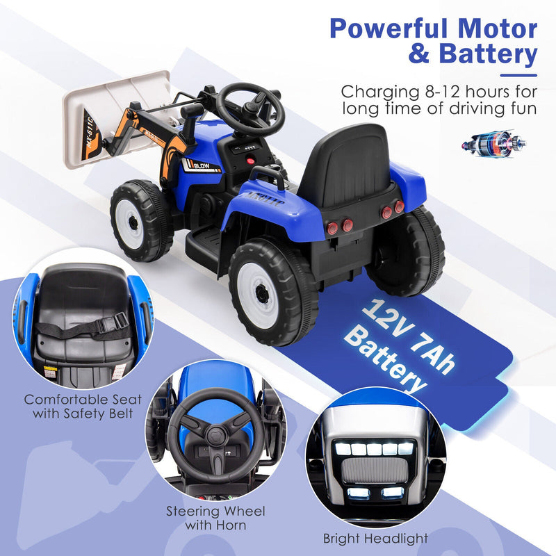 12V Electric Ride-On Excavator Digger Tractor with RC Control and Digging Bucket - Blue