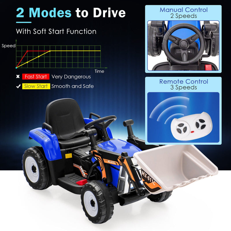 12V Electric Ride-On Excavator Digger Tractor with RC Control and Digging Bucket - Blue