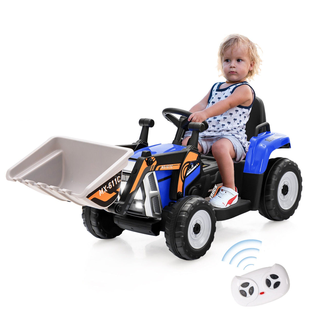 12V Electric Ride-On Excavator Digger Tractor with RC Control and Digging Bucket - Blue