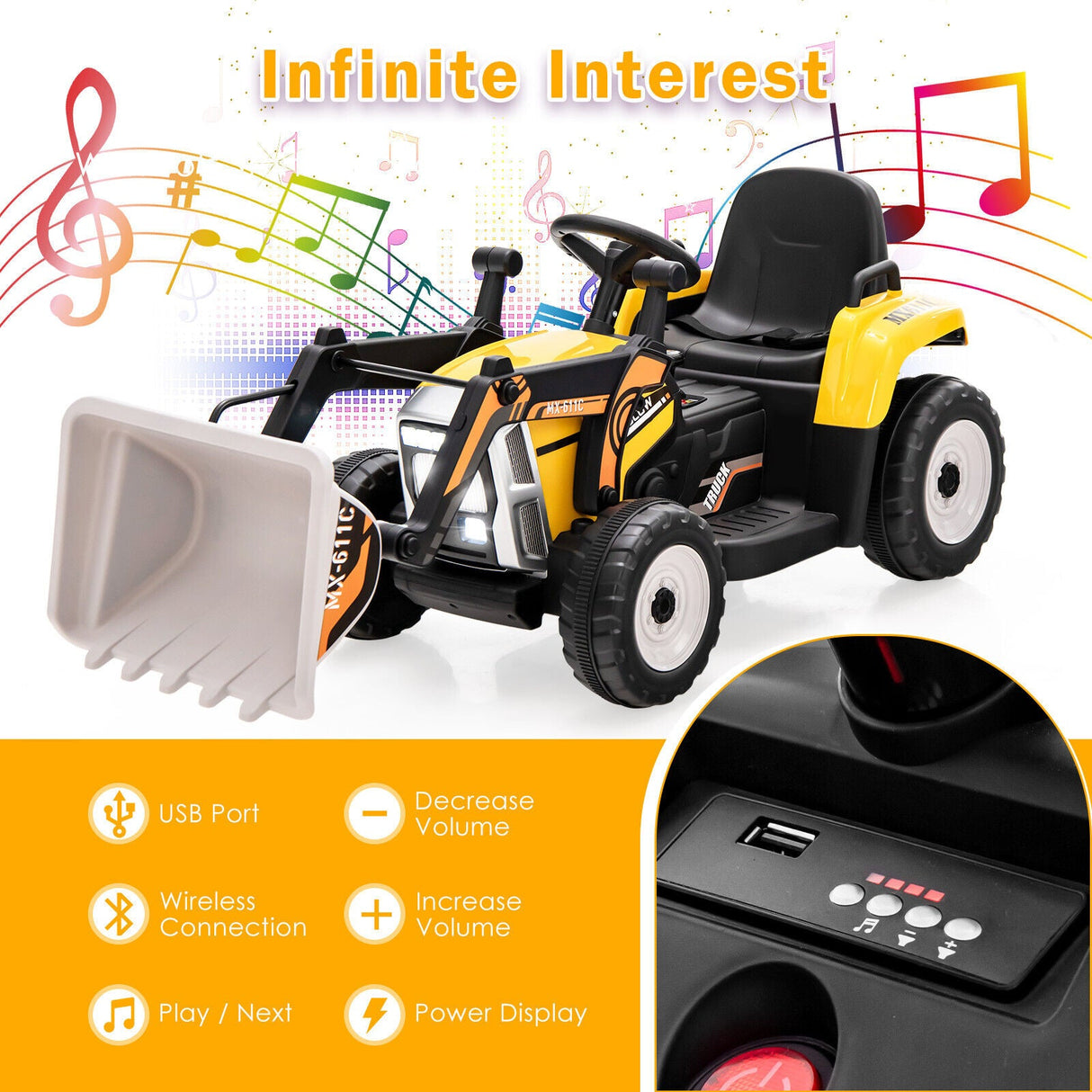 12V Electric Ride-On Excavator Digger Tractor with RC Control and Digging Bucket - Yellow