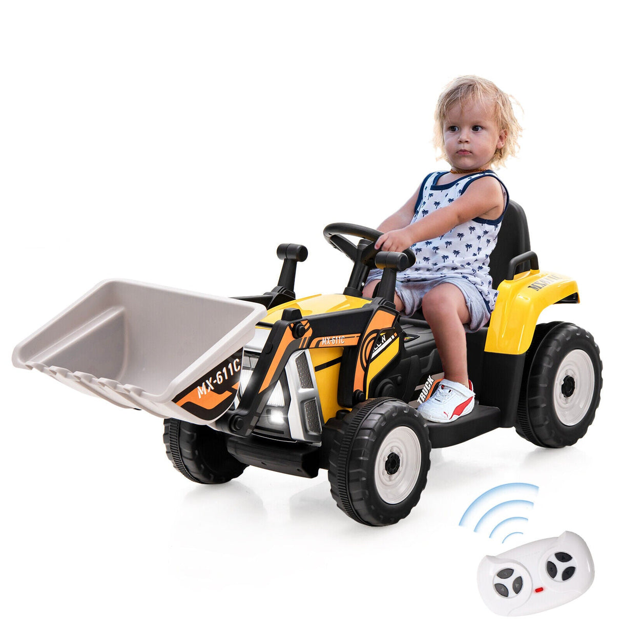 12V Electric Ride-On Excavator Digger Tractor with RC Control and Digging Bucket - Yellow