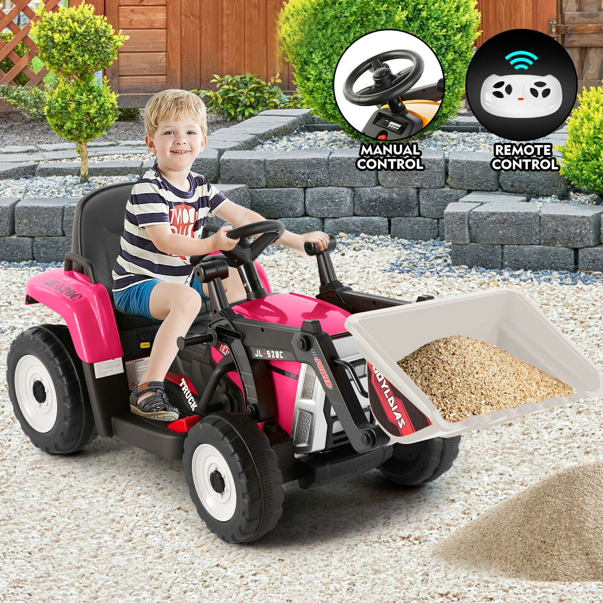 12V Electric Ride On Excavator Digger with Bluetooth Music and Remote Control - 3 Speeds and Light Effects Included