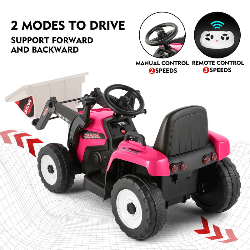 12V Electric Ride On Excavator Digger with Bluetooth Music and Remote Control - 3 Speeds and Light Effects Included