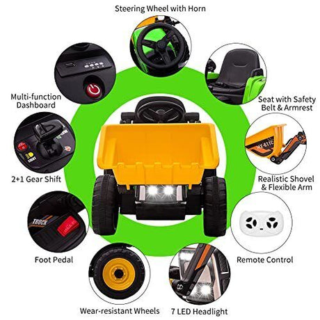 12V Electric Ride-On Excavator Truck for Kids with 3 Speeds, Music, and Remote Control