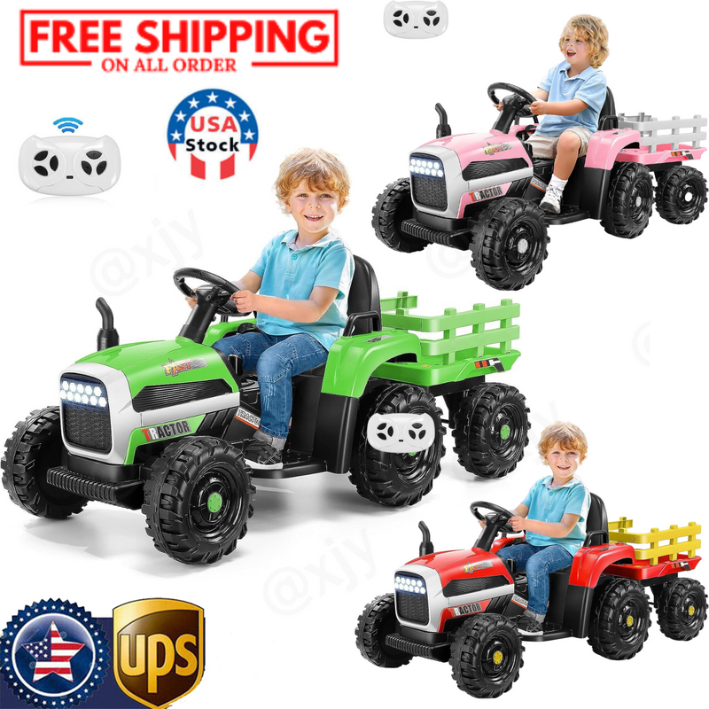 12V Electric Ride-On Tractor for Kids with Remote Control and Trailer Attachment