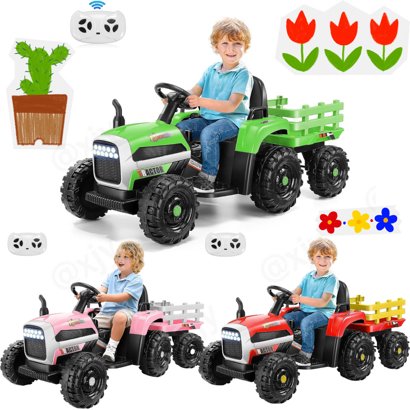 12V Electric Ride-On Tractor for Kids with Remote Control and Trailer Attachment
