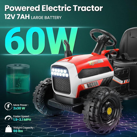 12V Electric Ride-On Tractor for Kids with Remote Control and Trailer Attachment