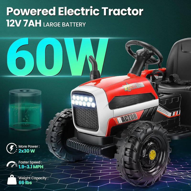 12V Electric Ride-On Tractor for Kids with Remote Control and Trailer Attachment