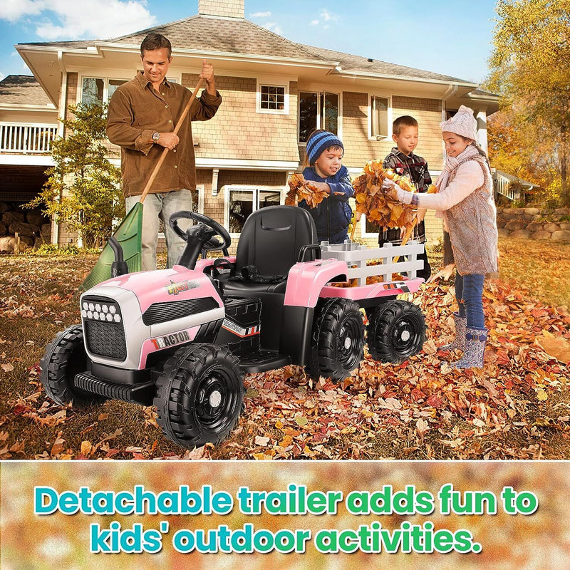 12V Electric Ride-On Tractor for Kids with Remote Control and Trailer Attachment