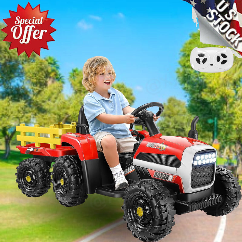12V Electric Ride-On Tractor for Kids with Trailer Attachment