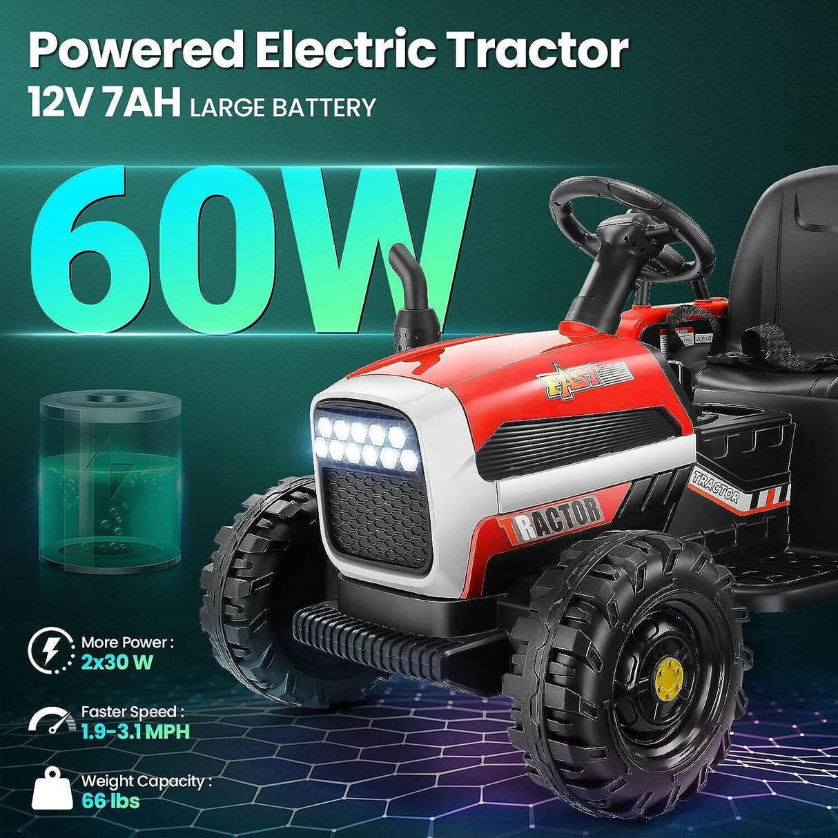 12V Electric Ride-On Tractor for Kids with Trailer Attachment