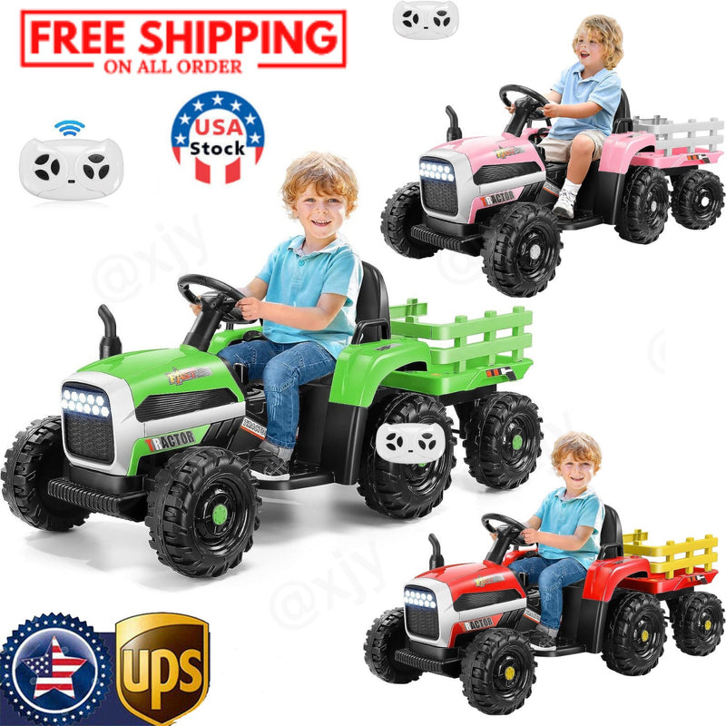 12V Electric Ride-On Tractor for Kids with Trailer Attachment by Hikole