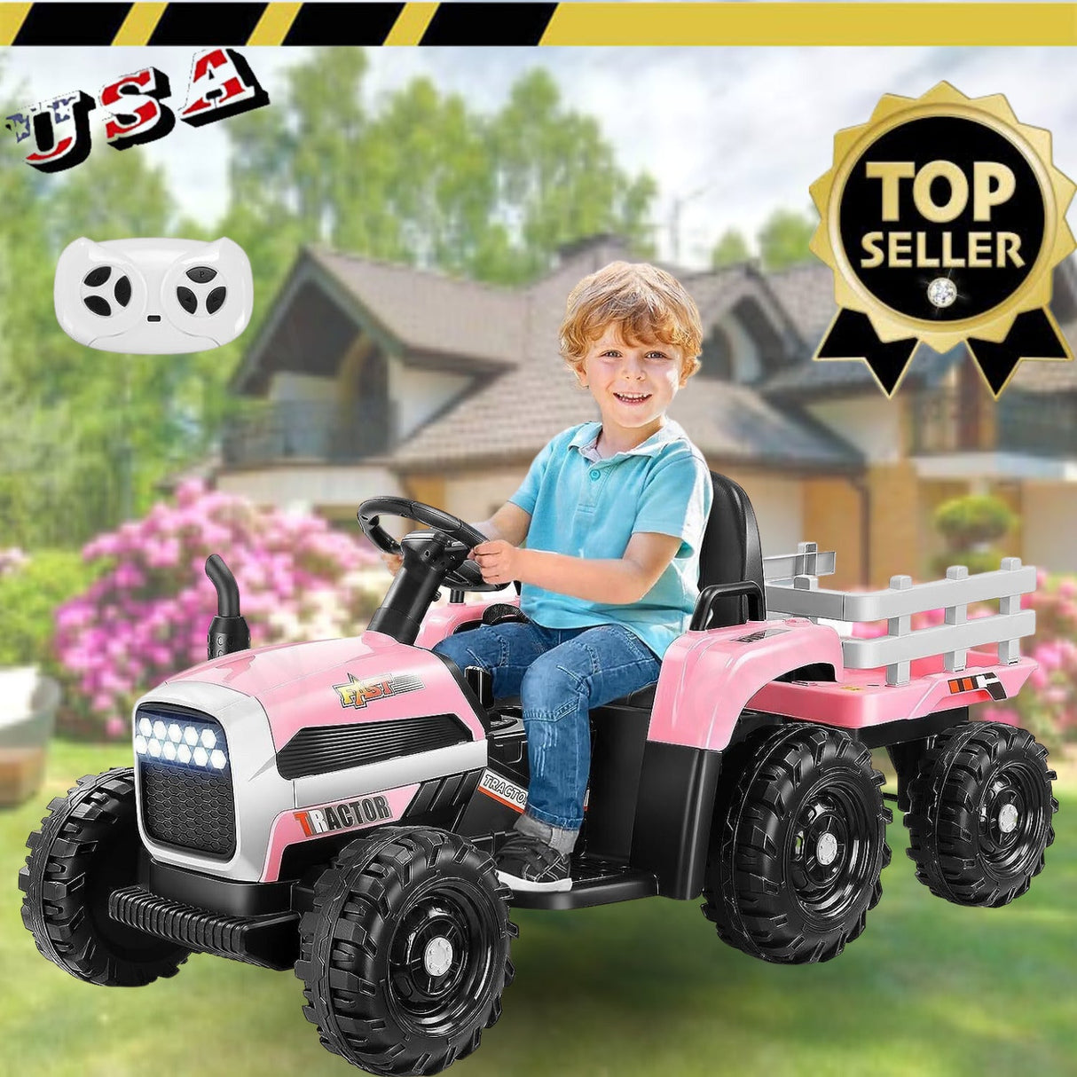 12V Electric Ride-On Tractor for Kids with Trailer Attachment by Hikole