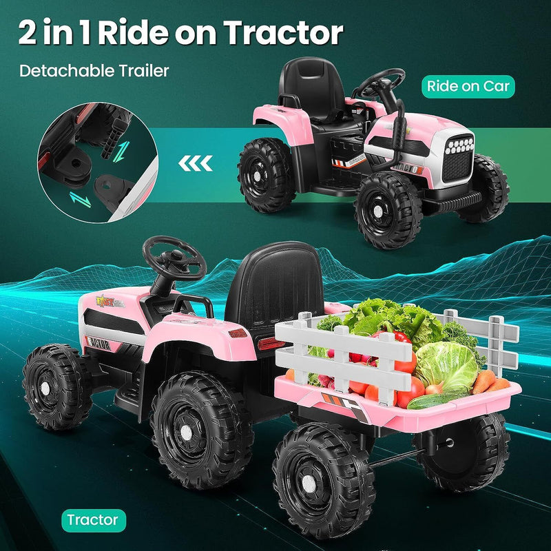 12V Electric Ride-On Tractor with Trailer for Kids, Remote Control Included