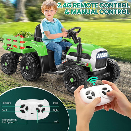 12V Electric Ride-On Tractor with Trailer for Kids - Remote Controlled Toy Car