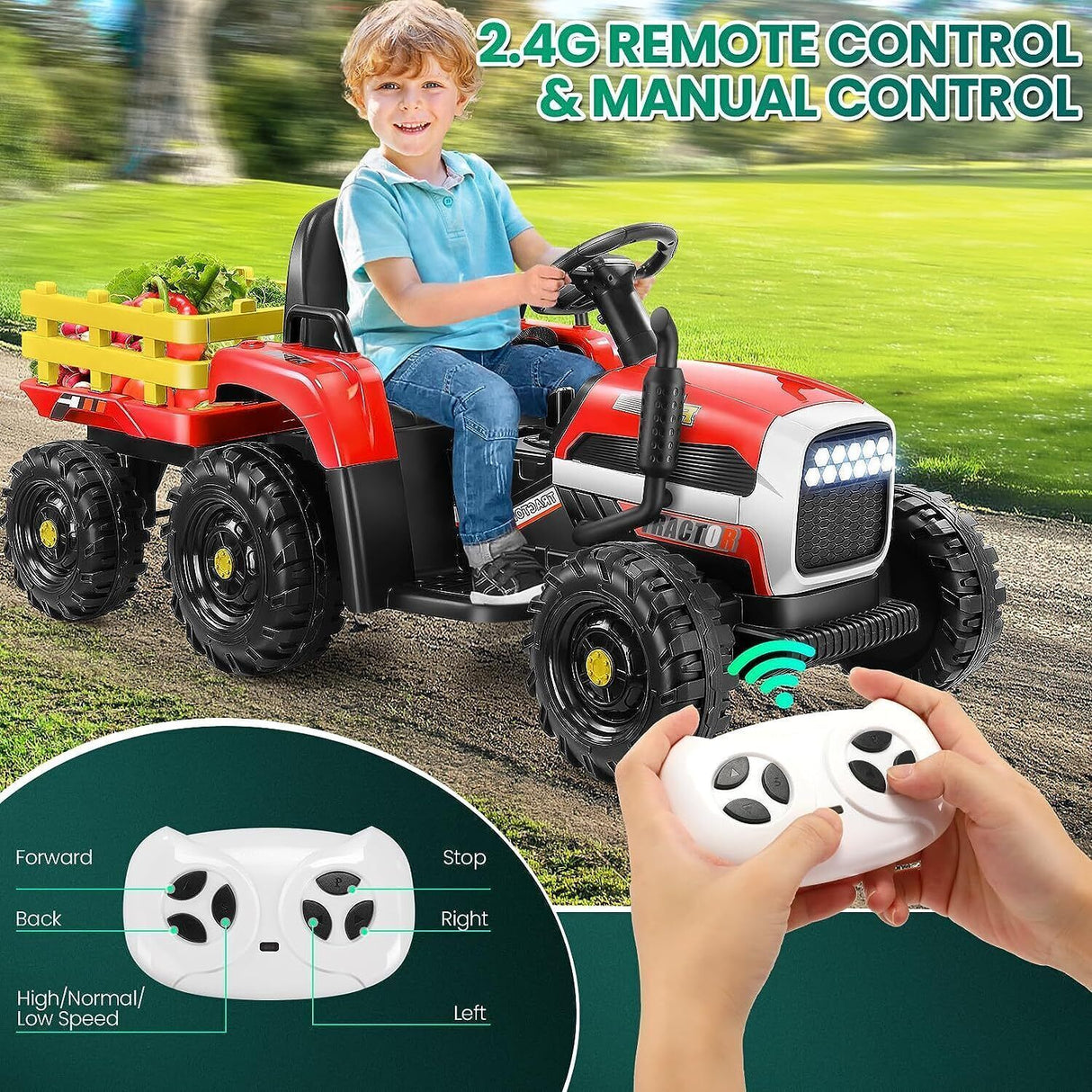 12V Electric Ride-On Tractor with Trailer for Kids - Remote Controlled Toy Vehicle