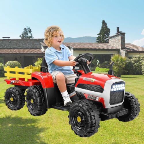 12V Electric Tractor Ride-On Toy Car with Trailer for Kids - Battery Powered