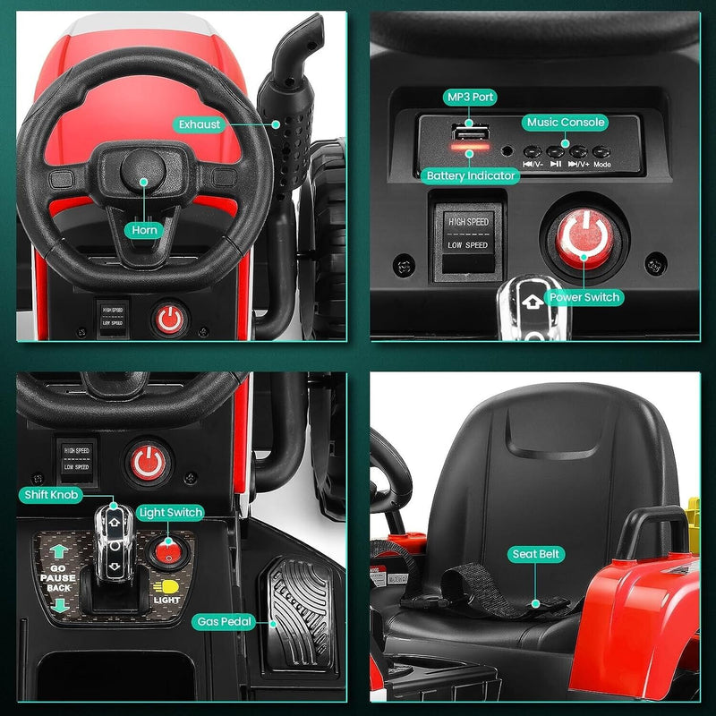 12V Electric Tractor Ride-On Toy Car with Trailer for Kids - Battery Powered