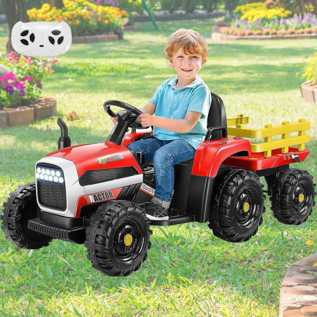 12V Electric Tractor Ride-On Toy Car with Trailer for Kids - Battery Powered