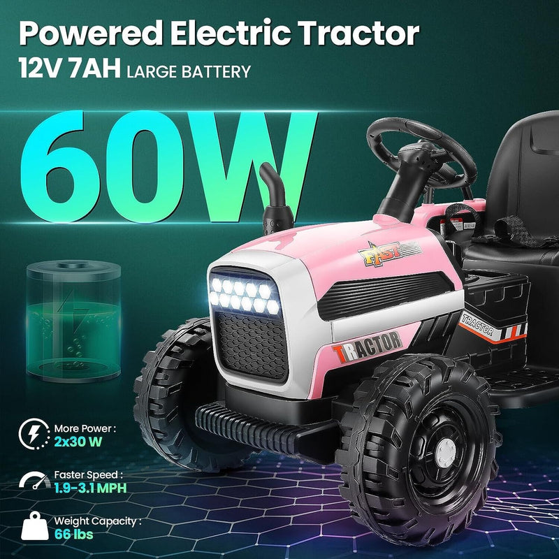 12V Electric Tractor Ride-On Toy Car with Trailer for Kids - Pink