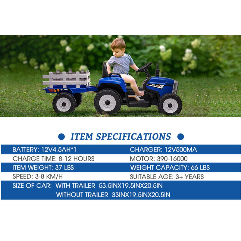 12V Electric Tractor Ride-On Toy with Trailer for Kids