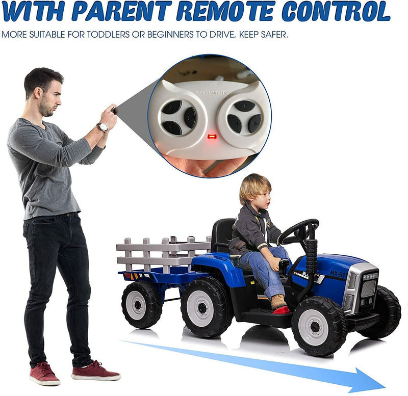 12V Electric Tractor Ride-On Toy with Trailer for Kids