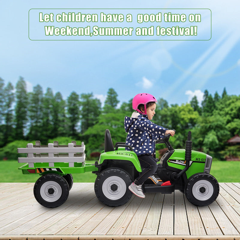 12V Electric Tractor with Trailer for Kids - Remote Control Ride-On Toy Car