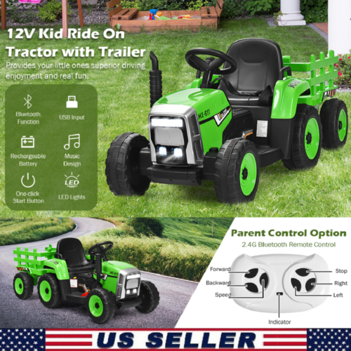 12V Electric Tractor with Trailer - Remote Control Ride On Car for Toddlers