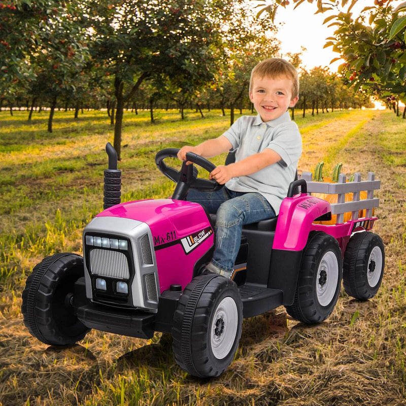 12V Electric Tractor with Trailer - Remote Control Ride On Car for Toddlers