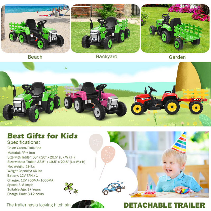 12V Electric Tractor with Trailer - Remote Control Ride On Car for Toddlers