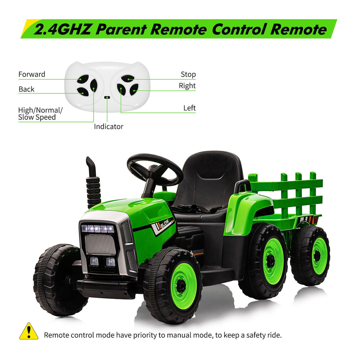 12V Electric Tractor with Trailer Ride-On Car for Kids - 25W/35W Control Included