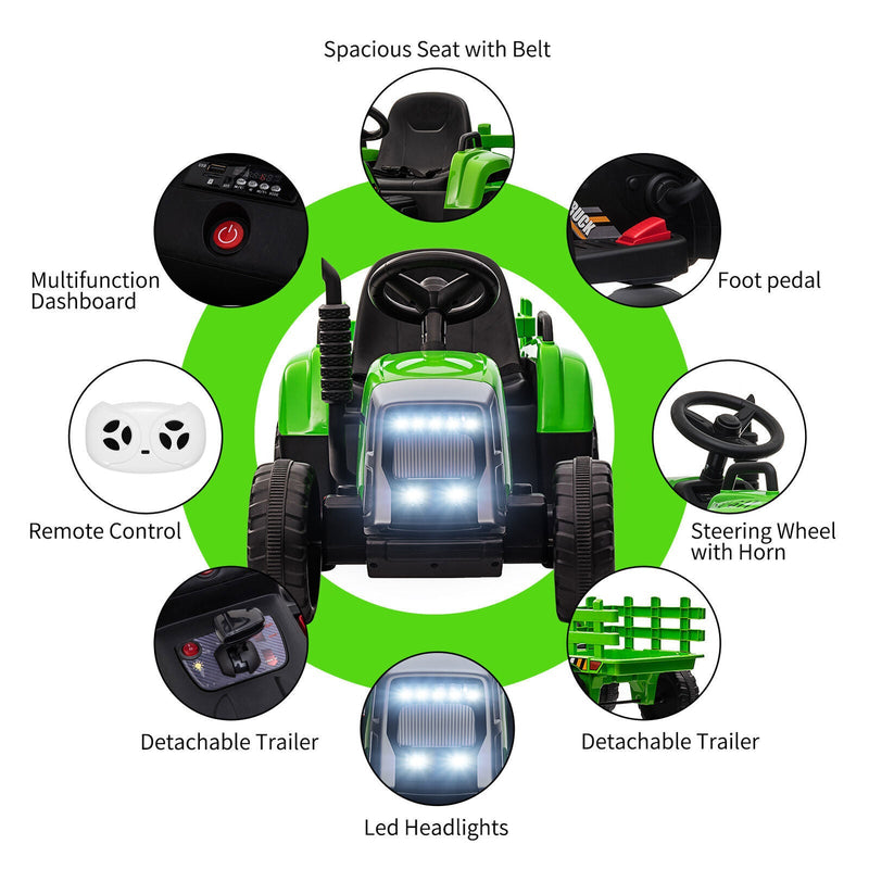 12V Electric Tractor with Trailer Ride-On Car for Kids - 25W/35W Control Included