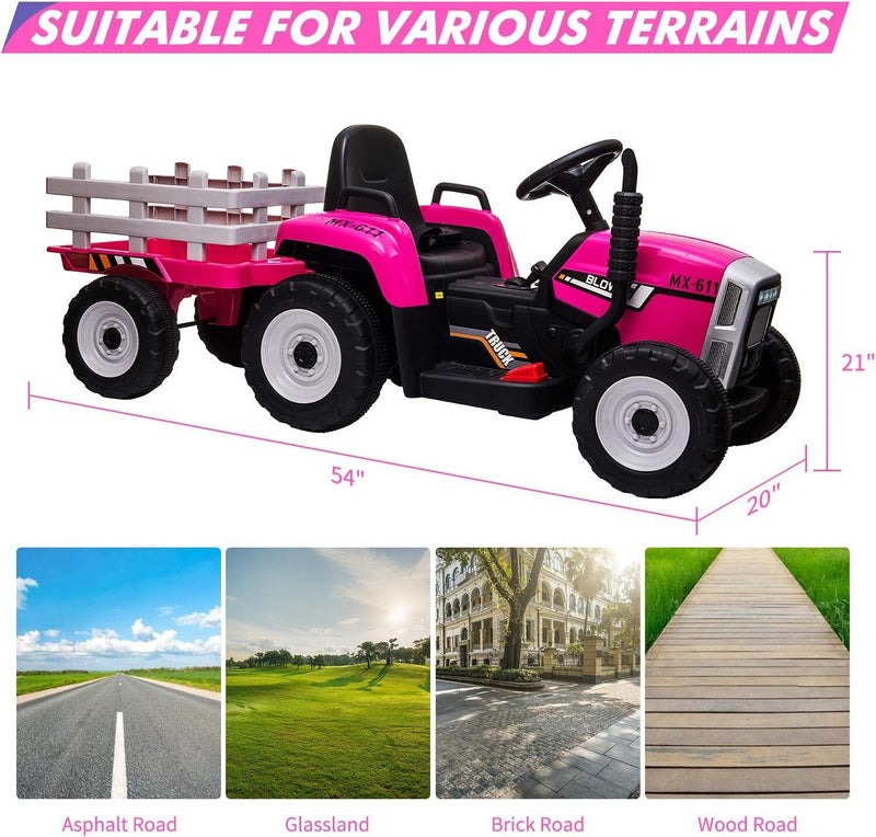 12V Electric Tractor with Trailer Ride-On Car for Toddlers with Remote Control