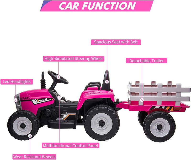 12V Electric Tractor with Trailer Ride-On Car for Toddlers with Remote Control