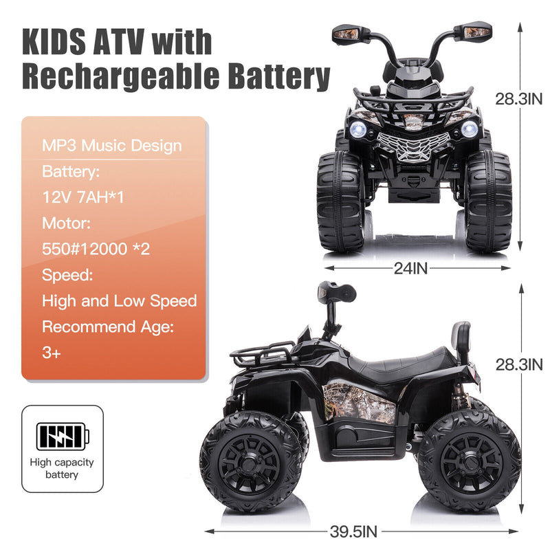 12V Kids Electric ATV 4 Wheeler Quad Toy - Battery Powered in Black