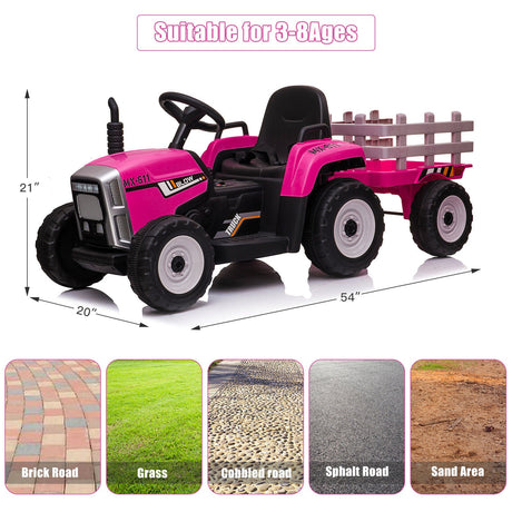 12V Kids Electric Tractor with Trailer and LED Lights - USB Compatible