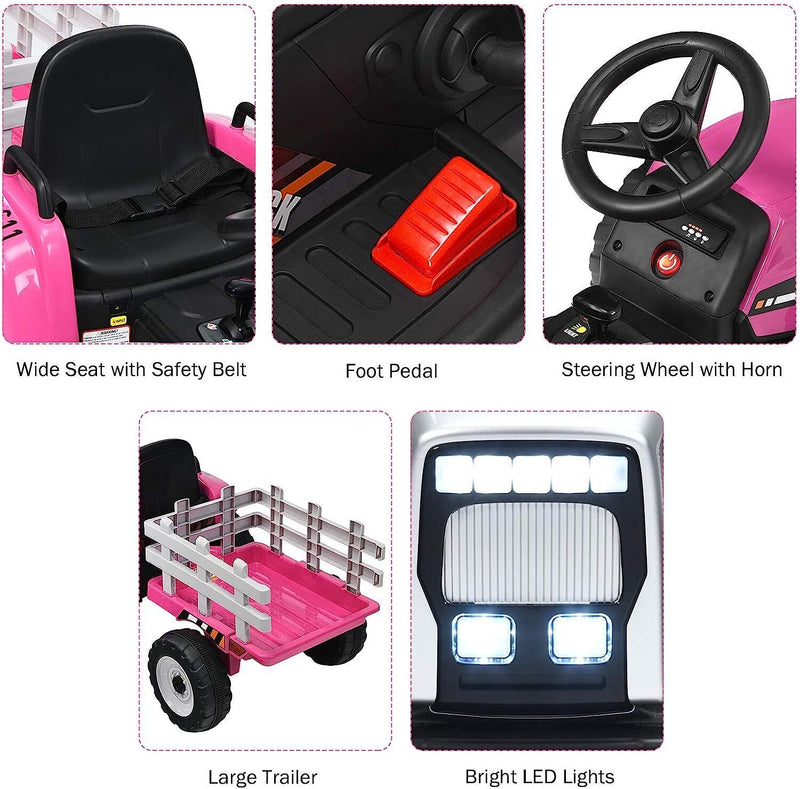 12V Kids Electric Tractor with Trailer and LED Lights - USB Compatible