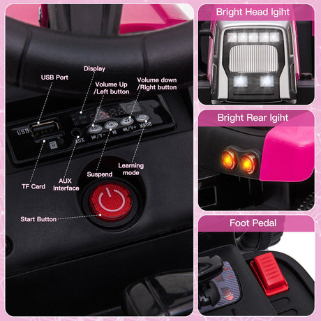 12V Kids Electric Tractor with Trailer and LED Lights - USB Compatible