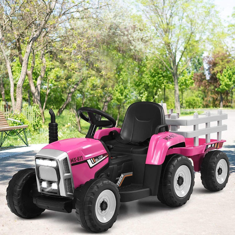 12V Kids Electric Tractor with Trailer and LED Lights - USB Compatible