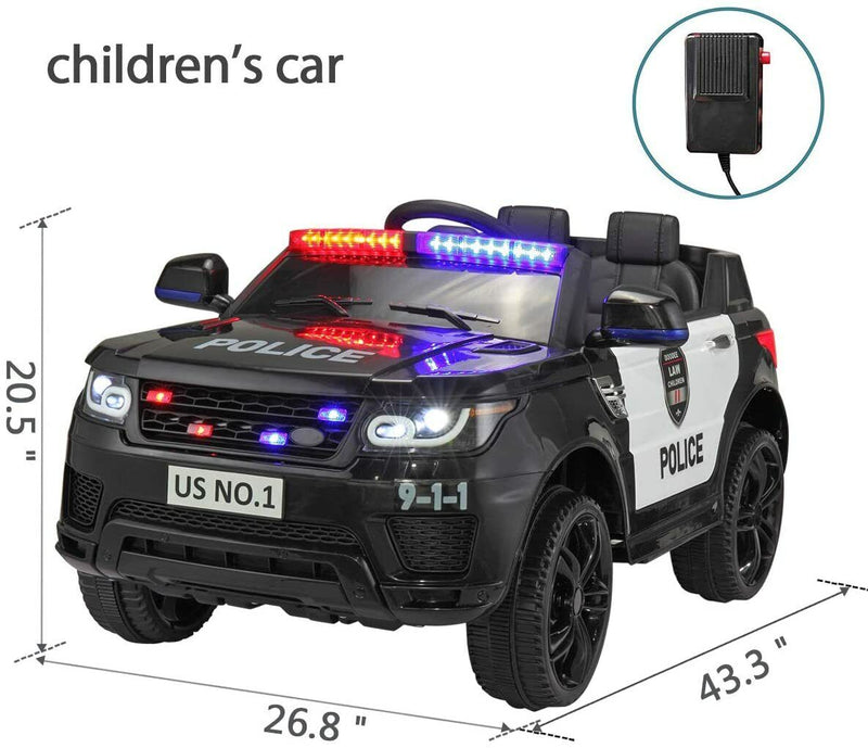 12V Kids Police Car SUV with Remote Control, Sirens, Megaphone, Lights, and Doors - AUX Compatible