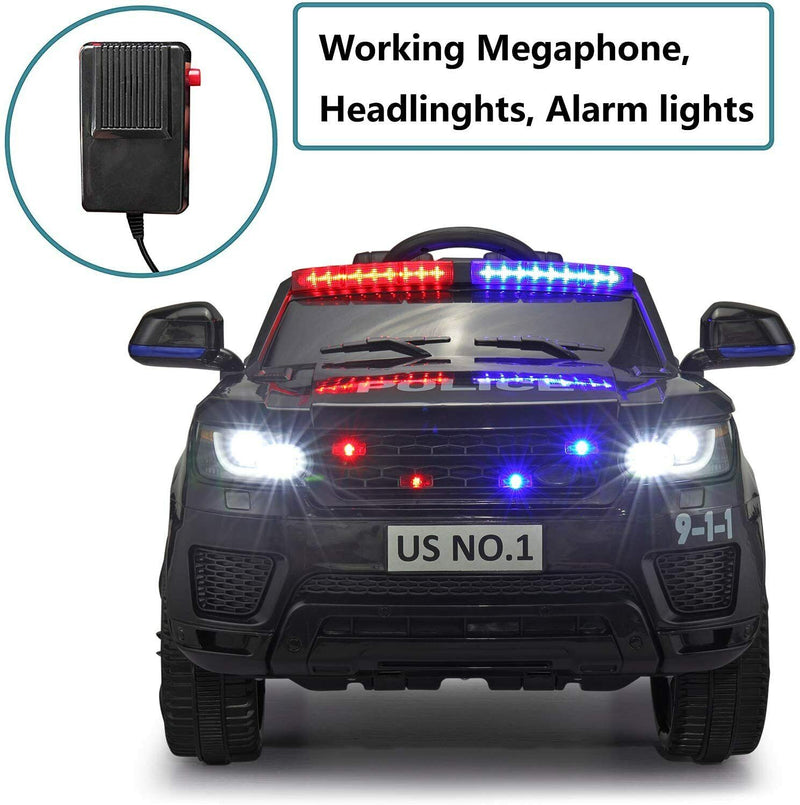 12V Kids Police Car SUV with Remote Control, Sirens, Megaphone, Lights, and Doors - AUX Compatible