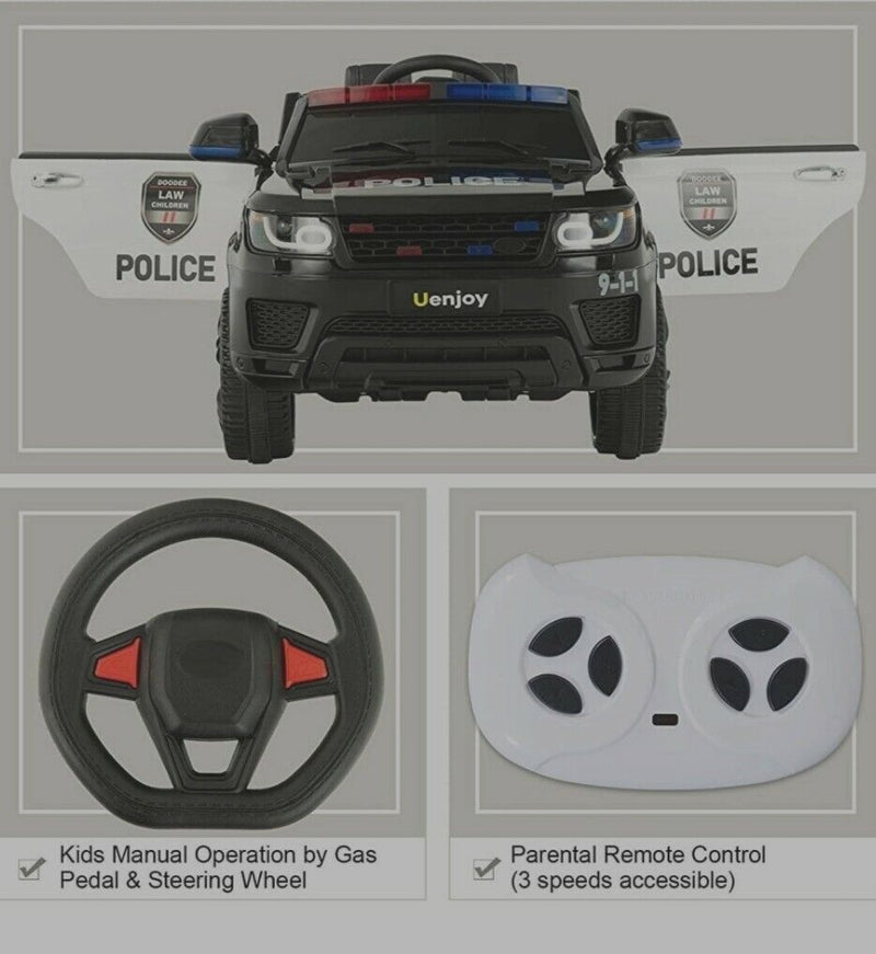 12V Kids Police Car SUV with Remote Control, Sirens, Megaphone, Lights, and Doors - AUX Compatible