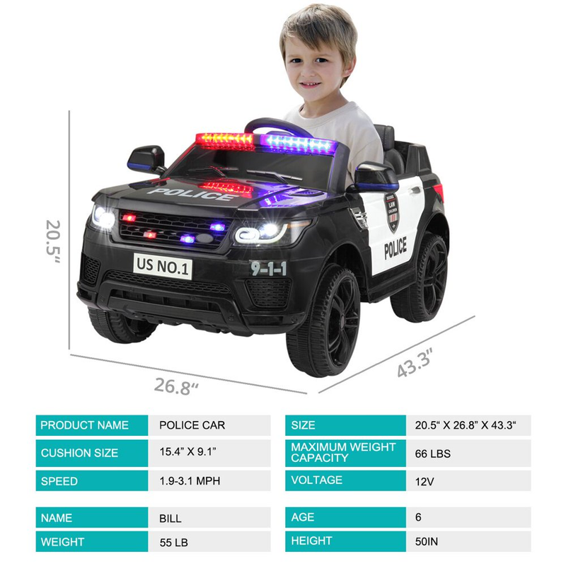 12V Kids Police SUV Ride On with 2.4Ghz Parental Control