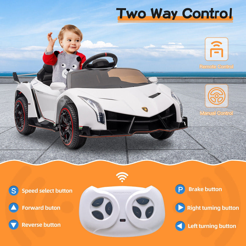 Licensed Lamborghini Style Kids Ride On Car with Remote Control, Music, and LED Lights - 12V