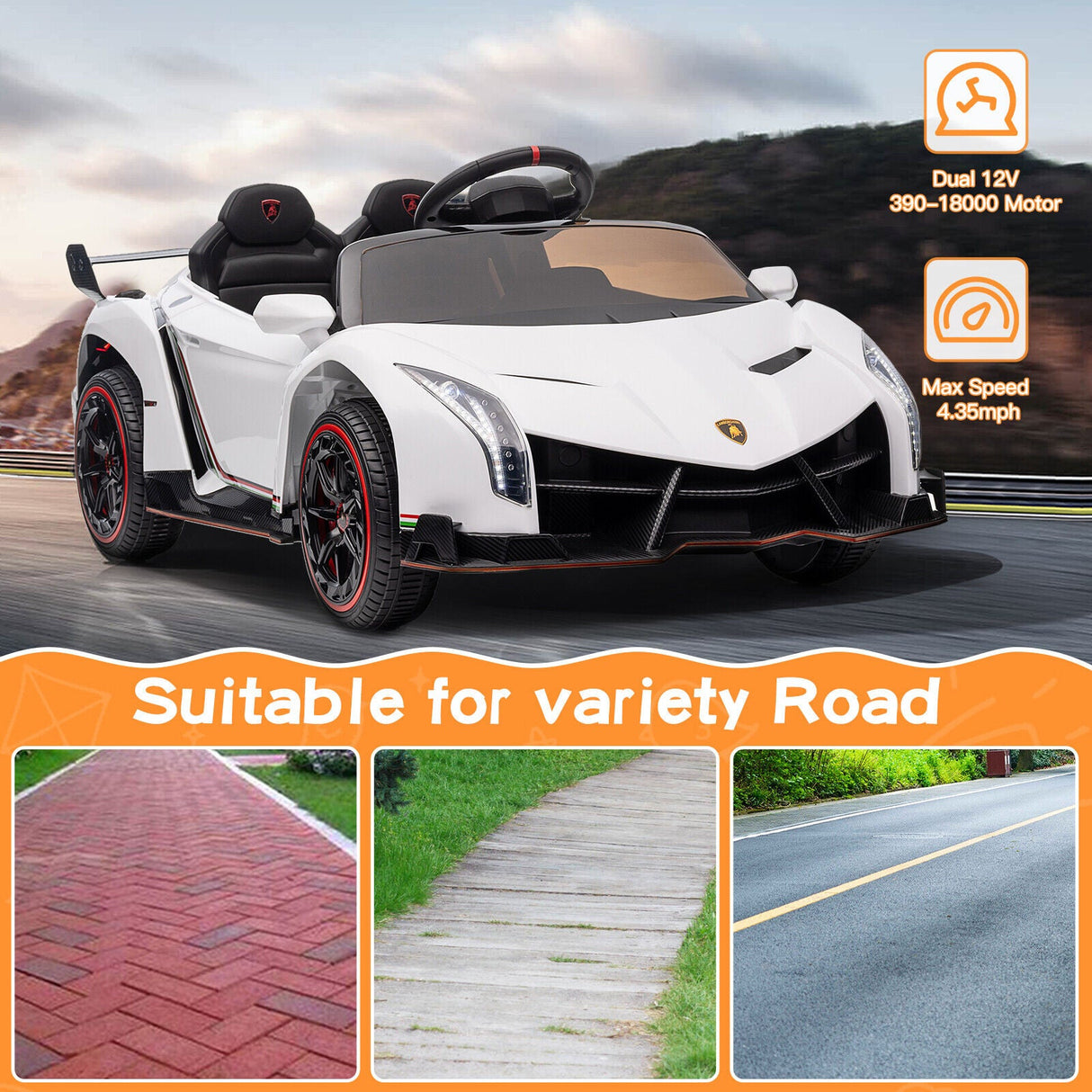 Licensed Lamborghini Style Kids Ride On Car with Remote Control, Music, and LED Lights - 12V
