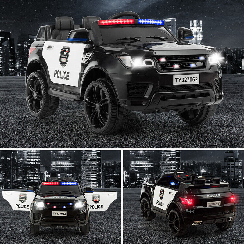 12V Kids Ride On Police Car with RC Control, Light & Siren - Black